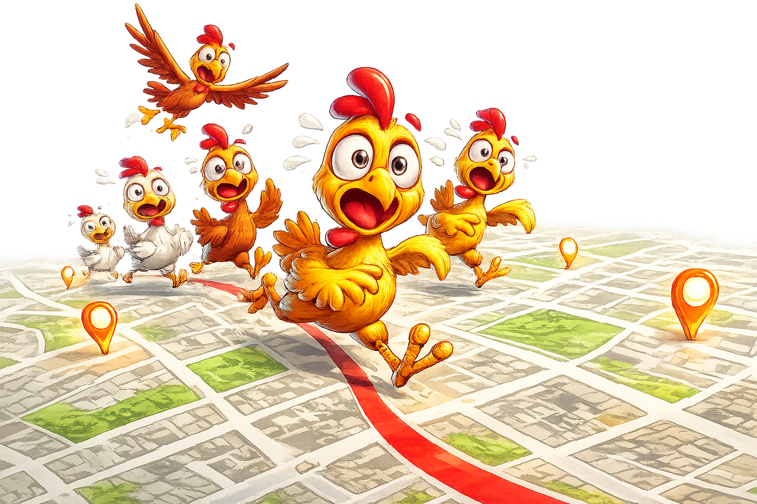 Cartoon chickens racing across a city map in Chase the Chickens